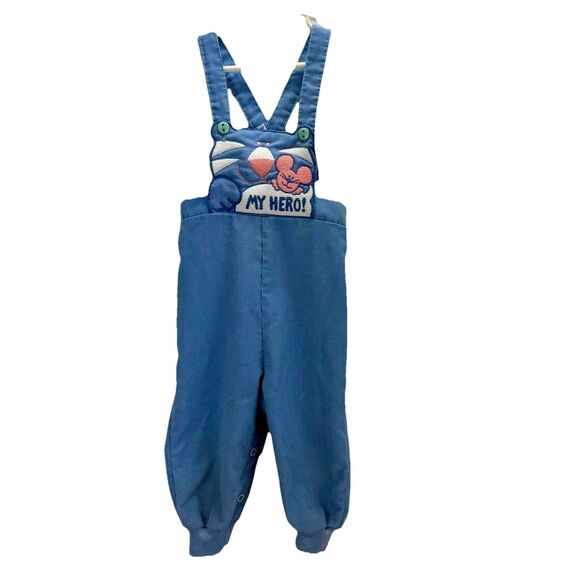 Vintage Health-Tex 18M Blue Corduroy Overalls "My‎ Hero" Embroidered Mouse & Cat - Picture 1 of 8